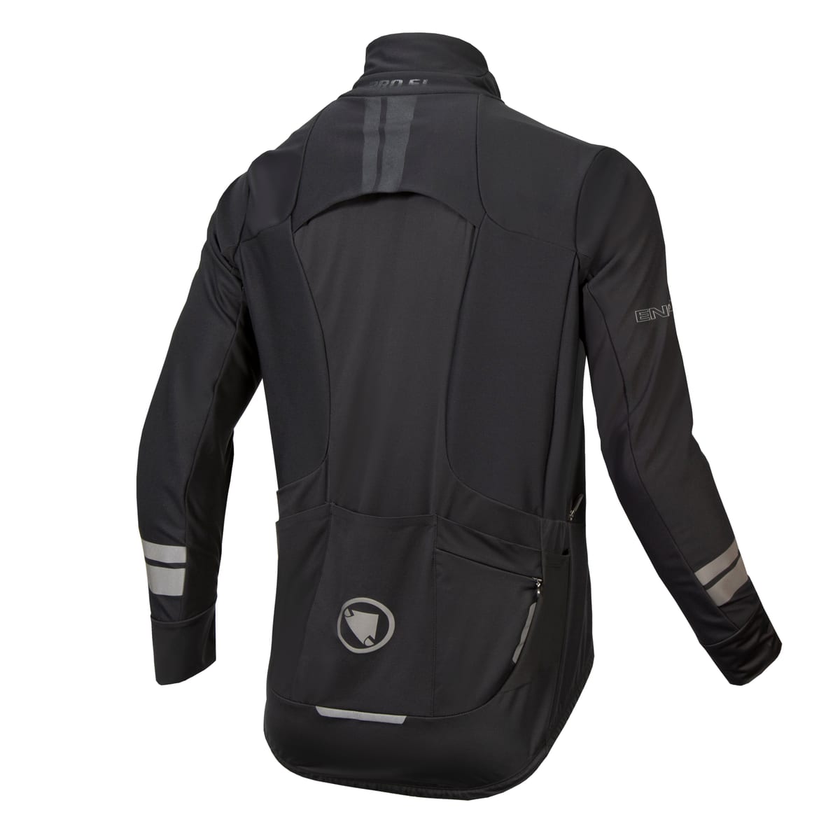Chaqueta Endura Pro SL 3-Season negra: sola, de espaldas, con reflectantes, foto de catálogo