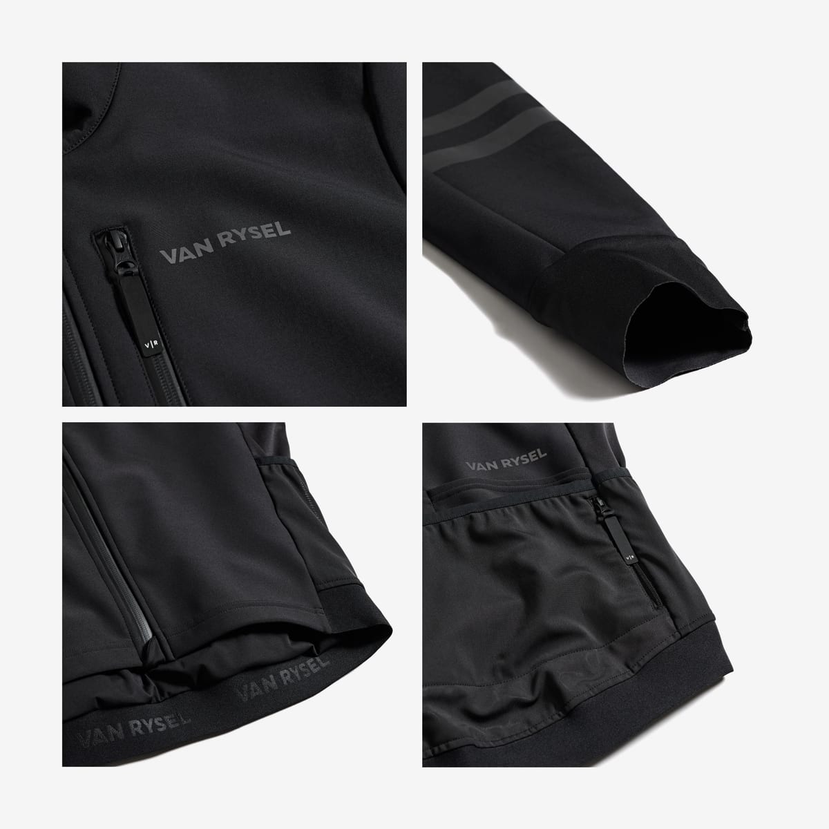 Chaqueta Van Rysel EDR invierno negra: detalles: bolsillo, puño y bajo, foto de catálogo