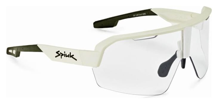 Gafas Spiuk Dabbel Lumiris de montura blanca y patillas negras, con la lente fotocromática clara, vistas de tres cuartos